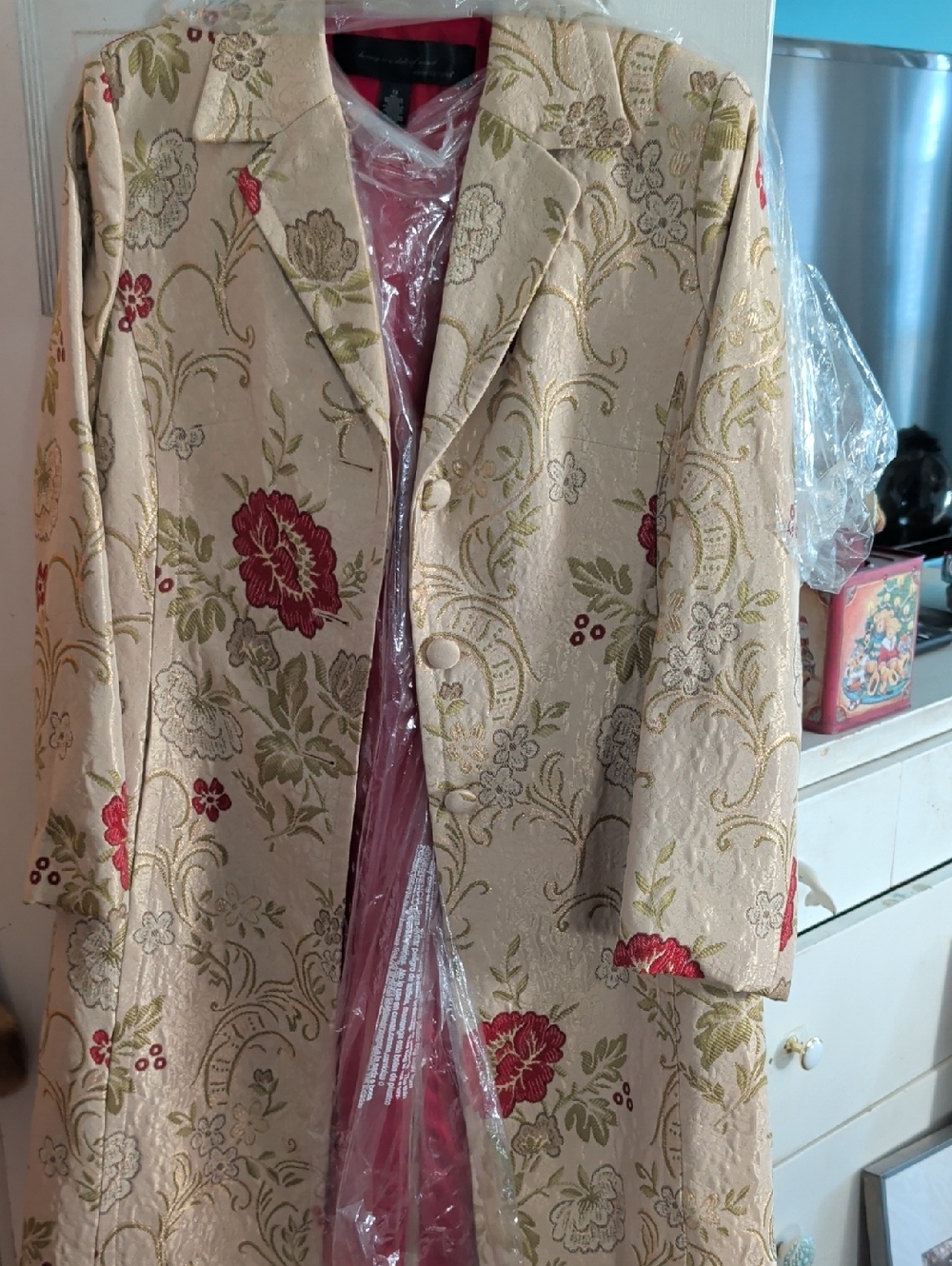 Apostrophe Cream Brocade Trench Coat with Red & Olive Floral Motif